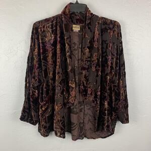 URU Kimono Jacket Womens Large Brown Purple Silk Velvet Burnout Open Front Drape